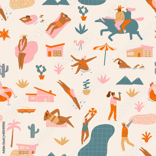 Palm springs Mid century modern funny seamless pattern with cartoon characters, tourists, Marlin Monroe and other attractions. Vector illustration