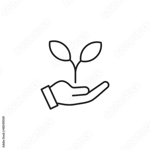 Hand holding plant icon. Environmental protection. High quality black vector illustration.