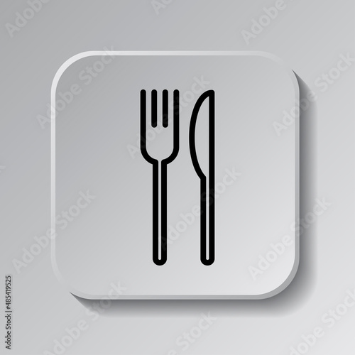 Restaurant  fork knife simple icon. Flat desing. Black icon on square button with shadow. Grey background.ai