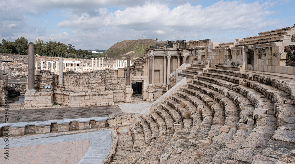 Partial view of the most impressive and best preserved 7000 seats Roman Theatre at Beit Shean National Park, Jordan Valley, Northern Israel, Israel 