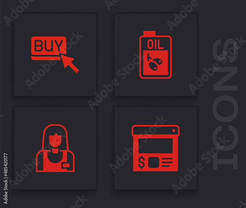 Set Online ordering and delivery, Buy button, Bottle of olive oil and Seller icon. Vector