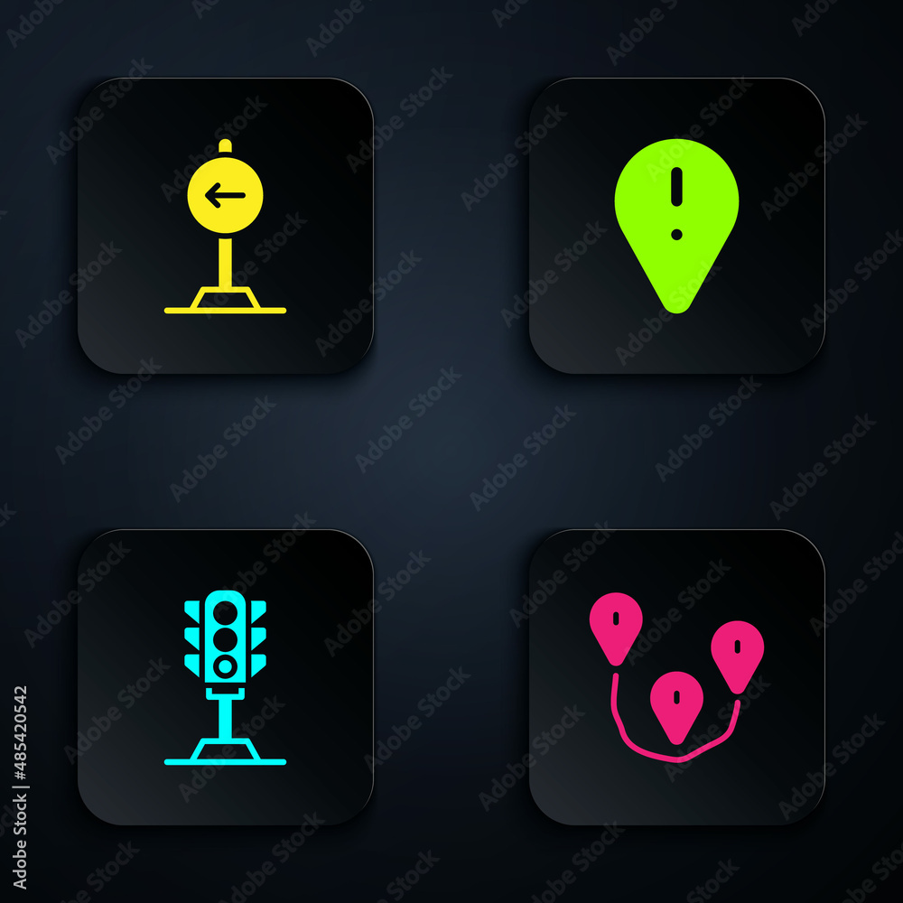 Set Route location, Traffic sign turn left, light and Location with exclamation mark. Black square button. Vector Set Route location, Traffic sign turn left, light and Location with exclamation mark. Black square button. Vector