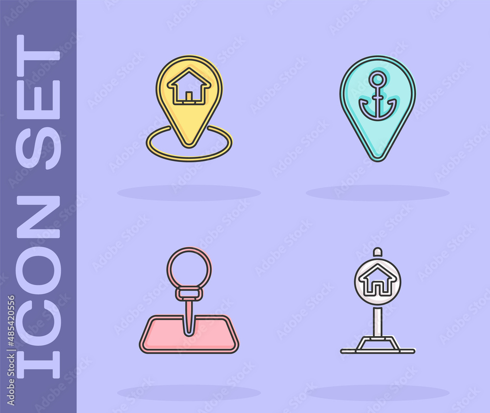 Set Hotel sign for traffic, Location with house, Push pin and anchor icon. Vector Set Hotel sign for traffic, Location with house, Push pin and anchor icon. Vector