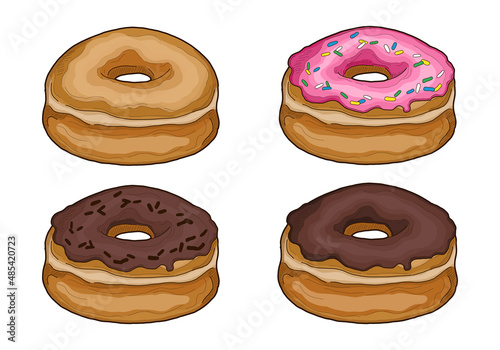 Set of Donut American Pastry Pattiserie Chocolate Strawberry Glazed Flavor Colorful Vector Illustration