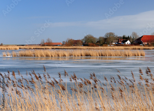Ice Cold Lake Hauener Puetten At National Park Wadden Sea Near Greetsiel East Frisia Germany On A Beautiful Sunny Winter Day With A Clear Blue Sky And A Few Clouds