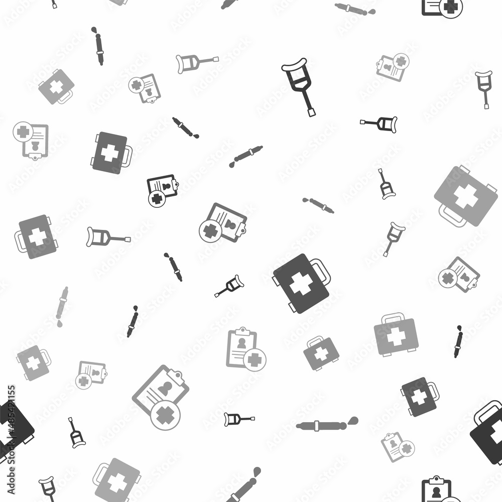 Set Crutch or crutches, Pipette, First aid kit and Patient record on seamless pattern. Vector Set Crutch or crutches, Pipette, First aid kit and Patient record on seamless pattern. Vector
