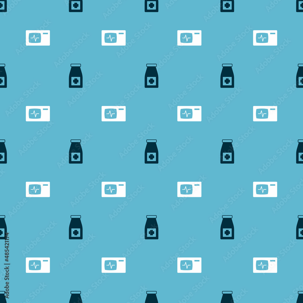 Set Medicine bottle and pills and Monitor with cardiogram on seamless pattern. Vector Set Medicine bottle and pills and Monitor with cardiogram on seamless pattern. Vector