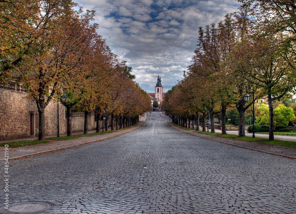 The Long Beautiful Alley Paulus Promenade With Viewing Direction To Fulda Downtown Germany On A Beautiful Sunny Autumn Day With A Clear Blue Sky And A Few Clouds