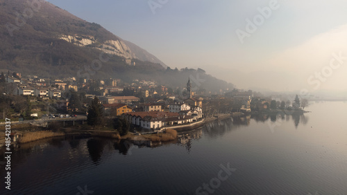 Morning mist floating over the Lake in a winter cold day