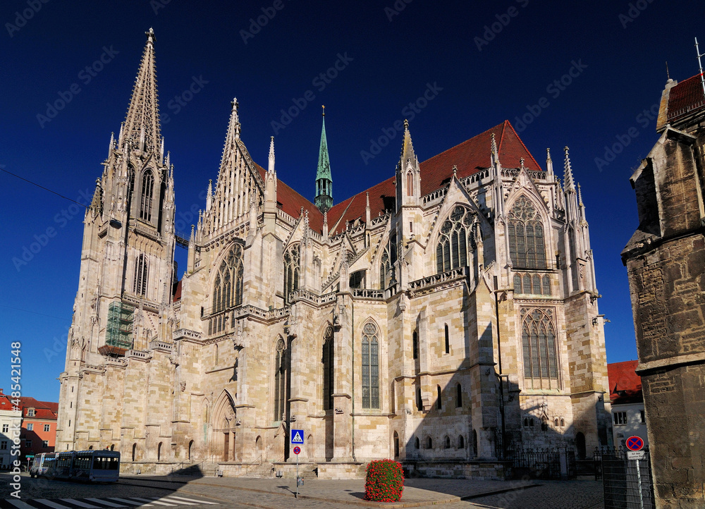The Famous Cathedral Of Regensburg Germany On A Beautiful Sunny Autumn Day With A Clear Blue Sky