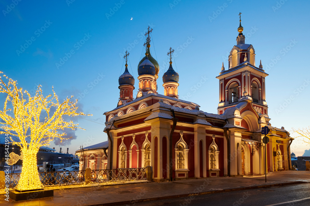 Russia. Winter Moscow. Evening illumination of St. George's Church on Varvarka Street