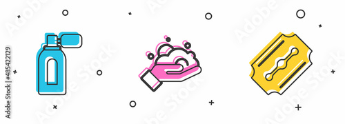 Set Aftershave with atomizer, Shaving foam on hand and Blade razor icon. Vector