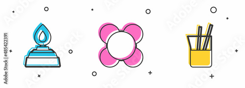 Set Alcohol or spirit burner, Molecule and Laboratory glassware icon. Vector