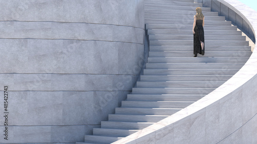 Femme marchant sur des escaliers architecturaux. Rendu 3D. La femme est un objet 3D.
