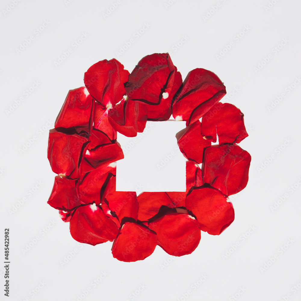 Circle made of red rose petals with copy space on light background. Flat lay. Top view. Circle made of red rose petals with copy space on light background. Flat lay. Top view.
