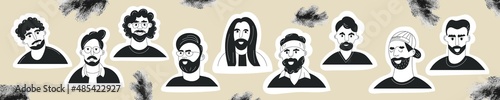 Set of doodle men face avatars with mustache and beard sticker. Grunge collection of trendy hipster guy portrait. Black and white flat vector illustration banner or template. Fashion bearded man faces