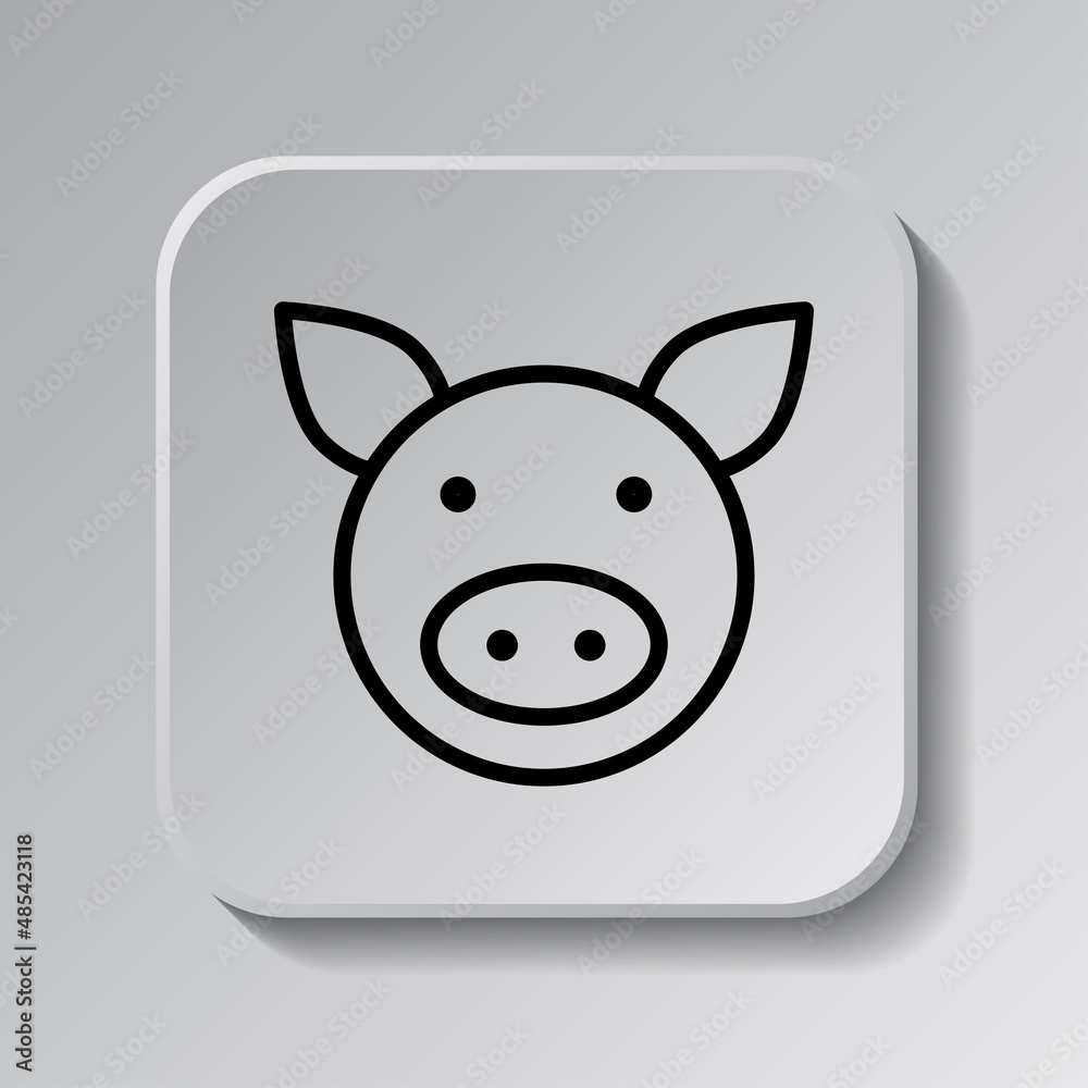 Pig simple icon. Flat desing. Black icon on square button with shadow. Grey background.ai Pig simple icon. Flat desing. Black icon on square button with shadow. Grey background.ai