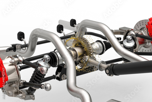 Car differential with oil splash. Rear drive axle with differential spashed by oil