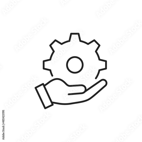 Hand holding gear icon. High quality black vector illustration.