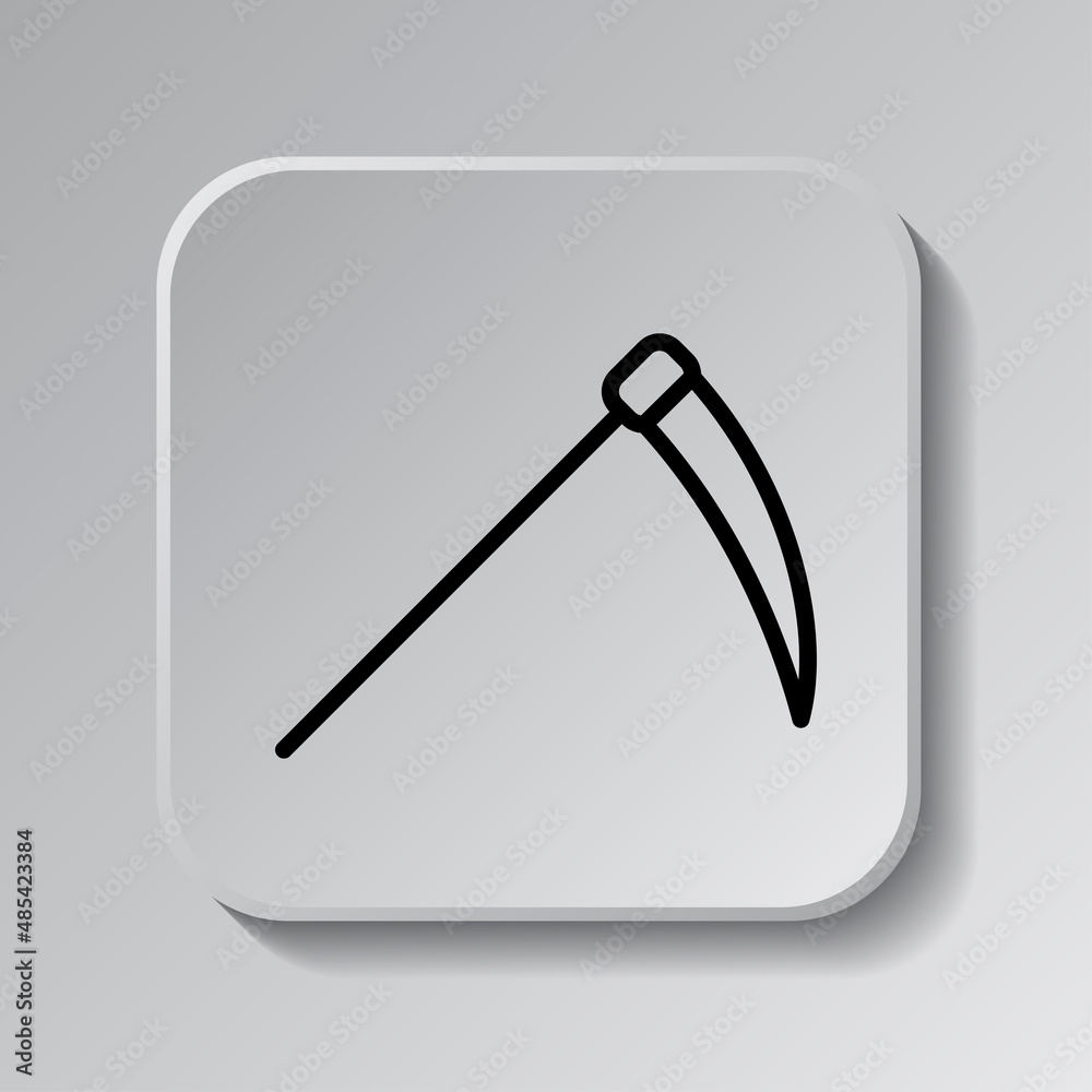 Scythe simple icon. Flat desing. Black icon on square button with shadow. Grey background.ai Scythe simple icon. Flat desing. Black icon on square button with shadow. Grey background.ai