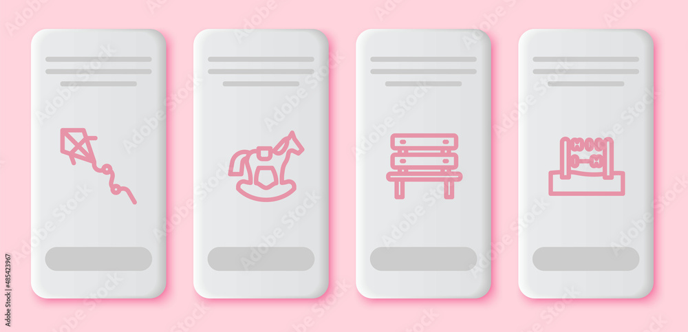 Set line Kite, Horse in saddle swing, Bench and Abacus. White rectangle button. Vector