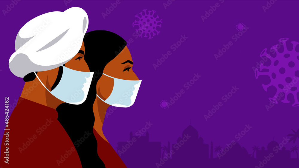 Wave of coronavirus in India. Man and woman in respiratory mask. Coronavirus alarm, protection and prevention in India, The Indian subcontinent. Violet background. Modern vector illustration.