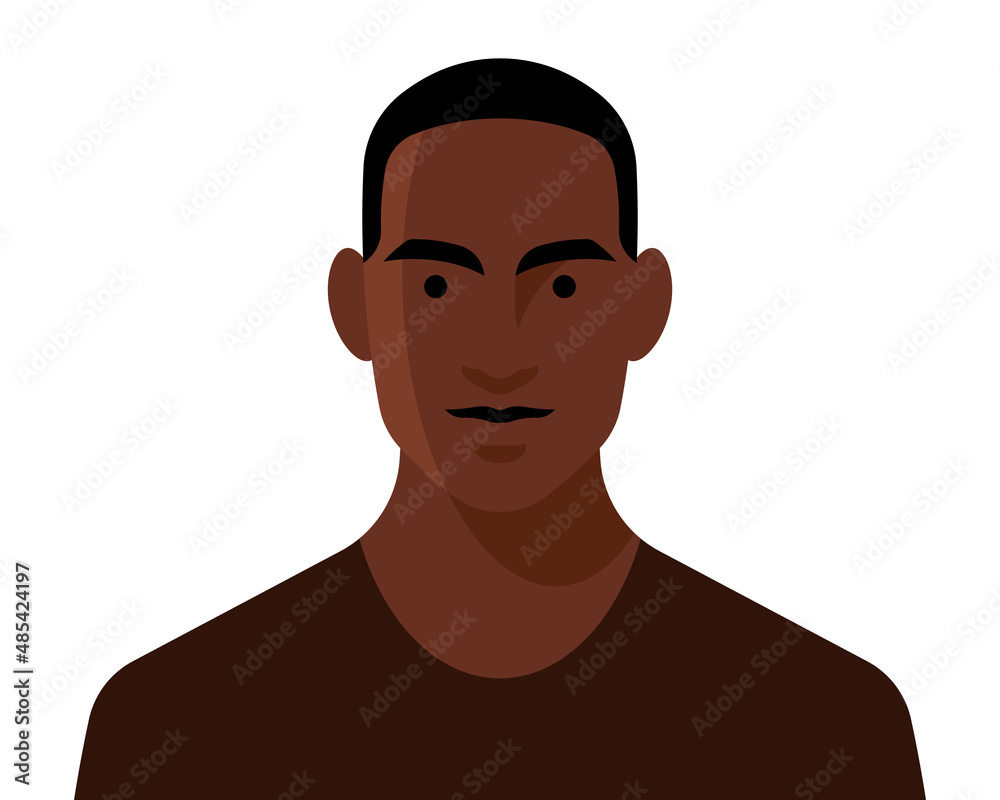 Handsome black man. Front view portrait of young man. Cheerful face, short black hair, abstract unrecognizable person. Male profile, head and shoulder. Modern illustration Handsome black man. Front view portrait of young man. Cheerful face, short black hair, abstract unrecognizable person. Male profile, head and shoulder. Modern illustration