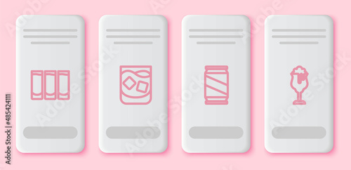 Set line Shot glass, Glass of whiskey, Beer can and beer. White rectangle button. Vector