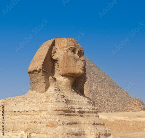 Great Sphinx of Giza near Cairo  Egypt. It is mythical creature with the head of man and the body of a lion. The face of the Sphinx appears to represent the pharaoh Khafre