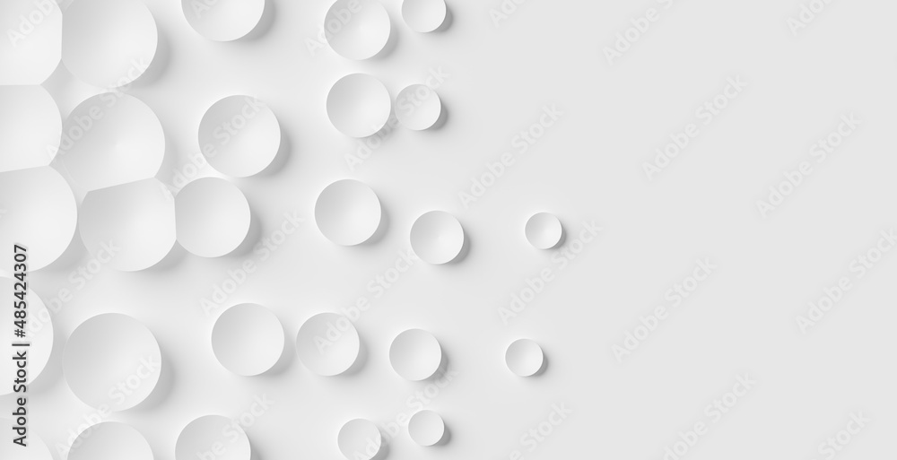 Fading out random moved white circle shaped bowls background wallpaper banner pattern with copy space