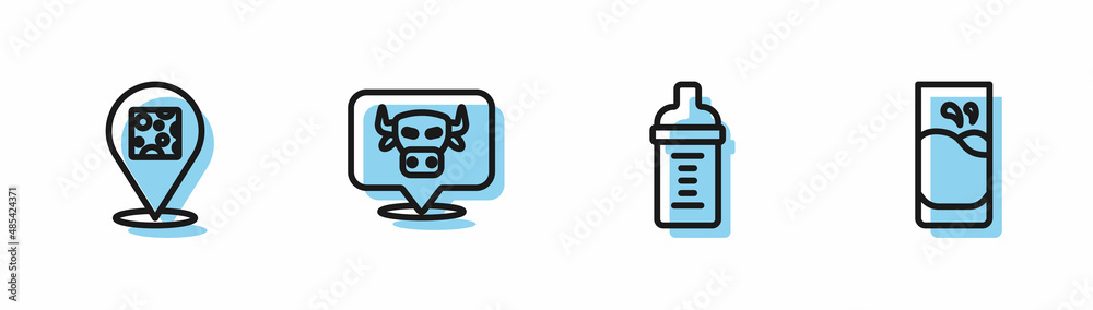Set line Baby milk in a bottle, Cheese, Cow head and Glass with icon. Vector