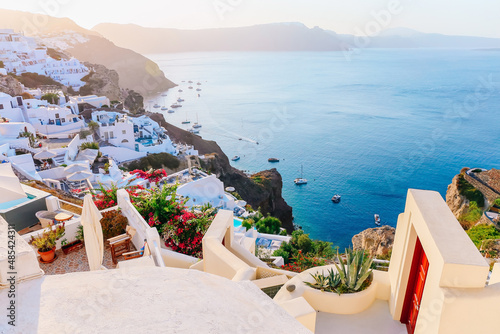 Beautiful view of Oia with traditional white houses, Santorini island, Greece