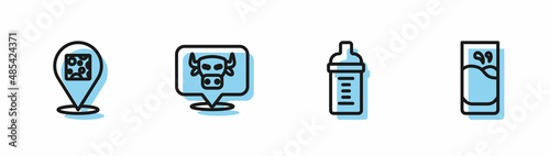 Set line Baby milk in a bottle, Cheese, Cow head and Glass with icon. Vector © Oksana