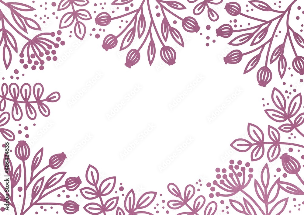 Leaves, flowers and twigs on a white pink background. Plant frame with floral design. Space for text and graphic design. Festive background with a pattern of twigs.