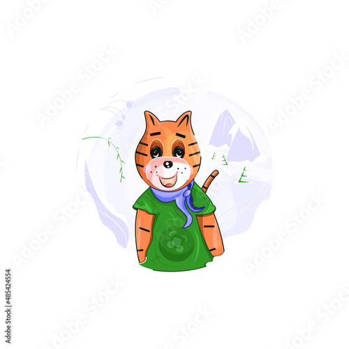 Vector tiger dressed in green t-shirt and violet cravat and located on winter background including mountains, fir trees, plants covered by snow. Tiger waiting for, dreaming about spring, warm season.