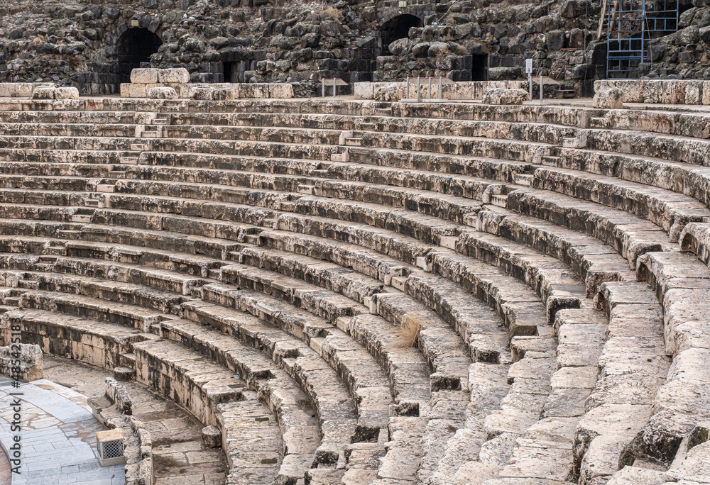 View of the stone seats of the Roman Theatre at Beit Shean National Park, Jordan Valley, Northern Israel, Israel