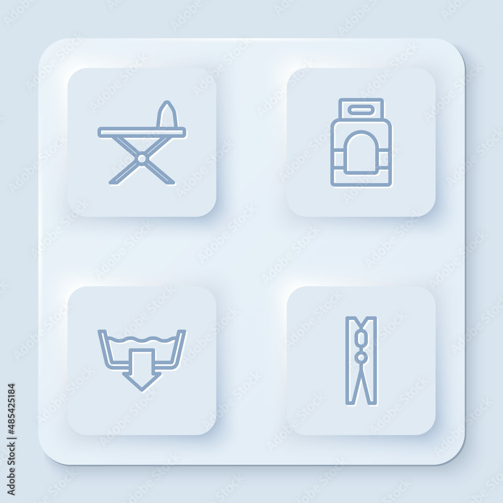 Set line Iron and ironing board, Laundry detergent, Washing modes and Clothes pin. White square button. Vector