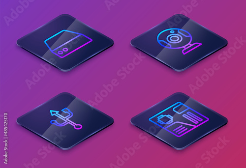 Set Isometric line Server, Data, Web Hosting, USB, camera and Motherboard digital chip. Blue square button. Vector