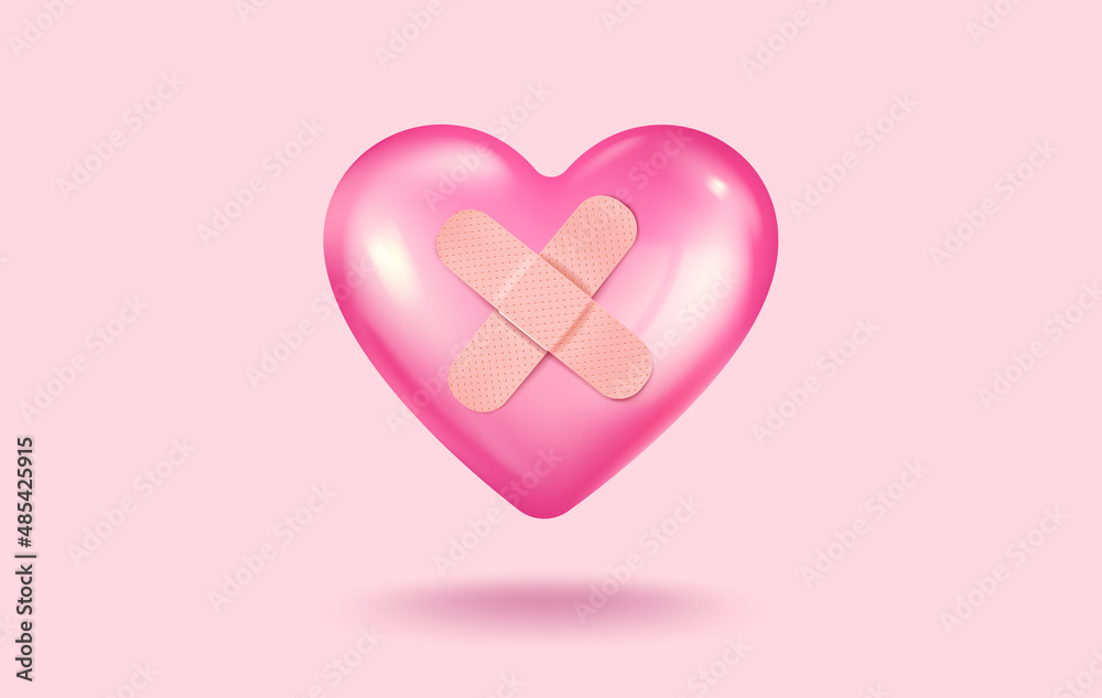 Vector icon of pink heart with bandage for Valentine's Day in realistic 3d style.