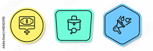 Set line Money growth woman, Work for female and Feminist activist. Colored shapes. Vector