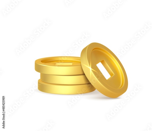 3d render realistic chinese golden coins stack. Chinese decoration elements for oriental New Year. Vector illustration