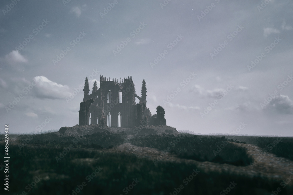 Ruined historic church in vast misty countryside under a cloudy sky. 3D render.