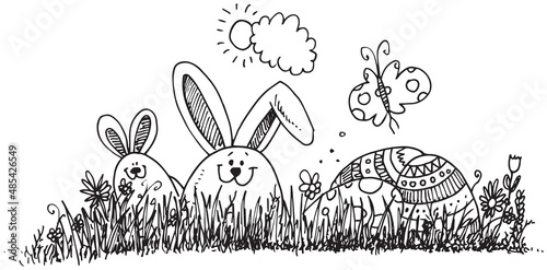 Easter vector doodle background with two rabbits