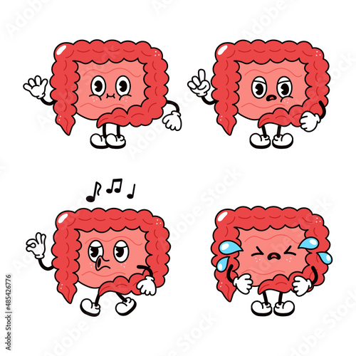 Funny cute intestines character bundle set. Vector hand drawn doodle style traditional cartoon vintage,retro character illustration icon design. Isolated white background. Intestines mascot character