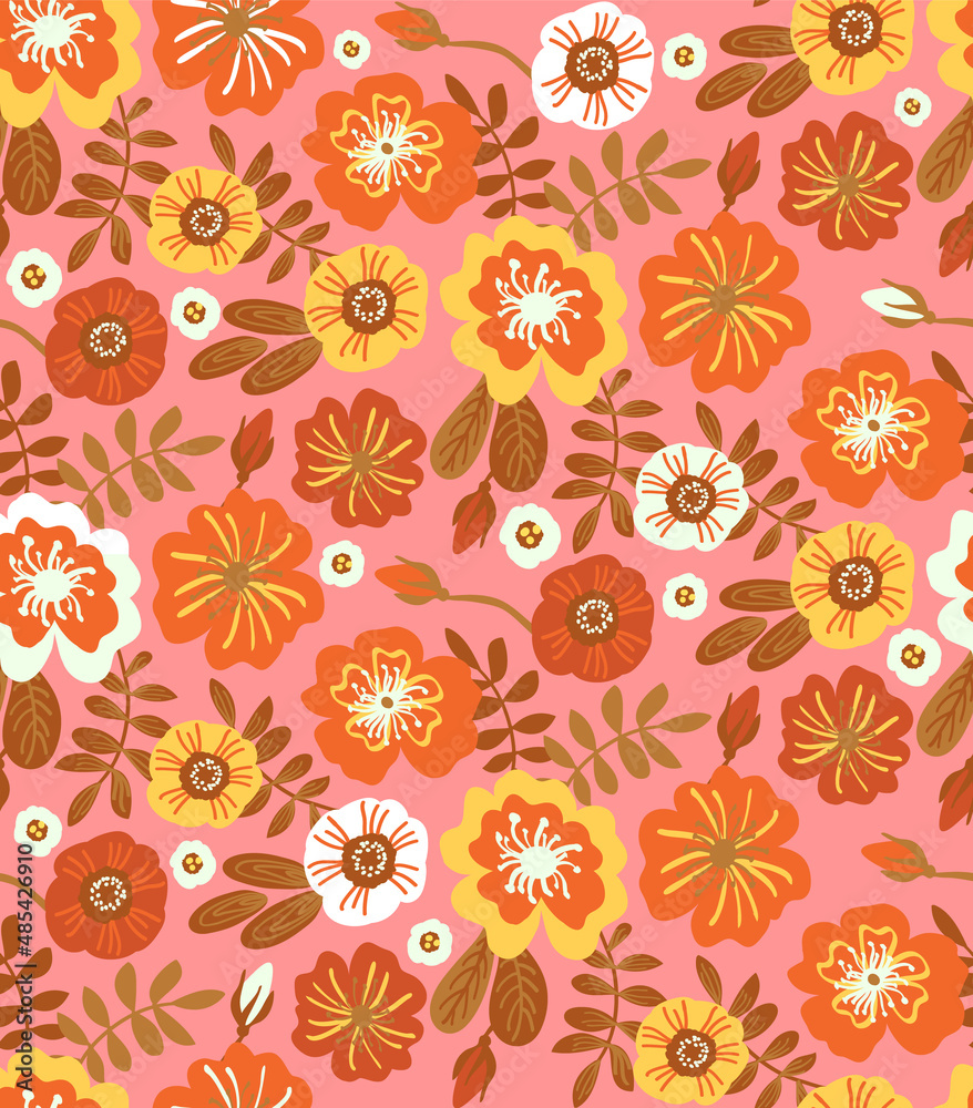 Floral seamless pattern with hand-drawn flowers. Texture with stylized minimalistic colors on a pink background. For fabric, wallpaper, gift wrapping Floral seamless pattern with hand-drawn flowers. Texture with stylized minimalistic colors on a pink background. For fabric, wallpaper, gift wrapping