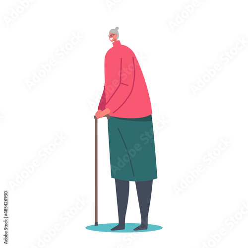 Senior Female Character with Walking Cane Isolated on White Background. Elderly Smiling Woman, Grandmother Lifestyle