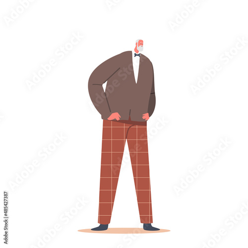 Old Smiling Man Groom, Senior Gentleman, Elderly Newlywed Character Wear Brown Trousers, Jacket and Tie Bow Isolated