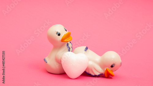 Loving duck couple on a pink background - conceptual image - on pink background. Illustration of the feeling of love between two people.