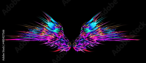 Colourful abstract wings. Psychedelic demon or angel wings. Isolated on black background. Psytrance design © sahewka
