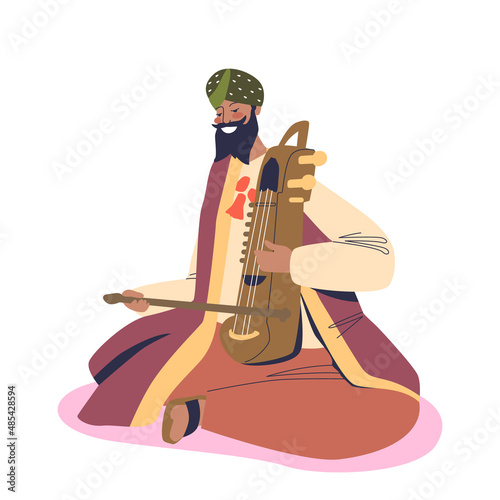 Traditional indian artist wedding musician man in national clothes playing on sarangi photo